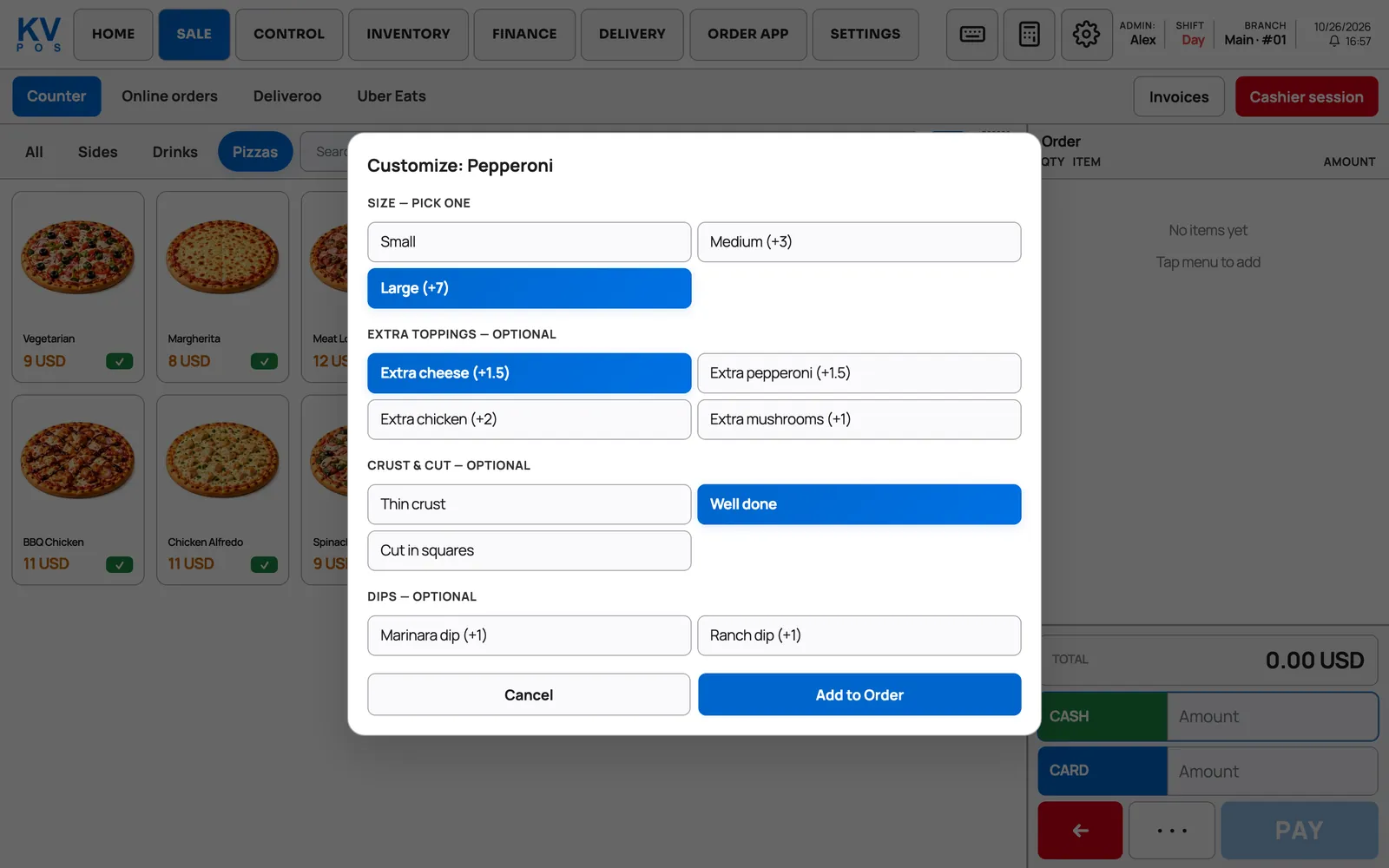 Choosing a pizza's size, extra toppings, crust and dips on the till