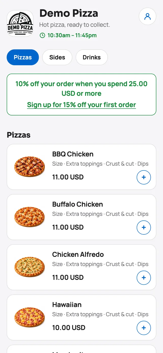 A shop's own ordering web app on a phone: the menu with pictures and the shop's offers