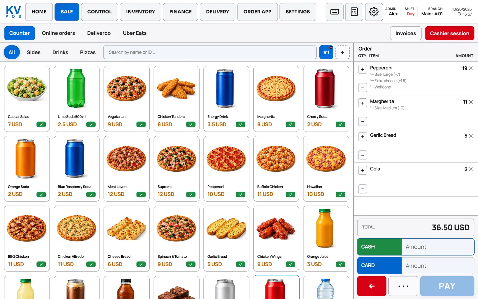 The KV POS till: a menu of pizzas, sides and drinks with pictures, and an order with a large pepperoni, extra cheese and well done